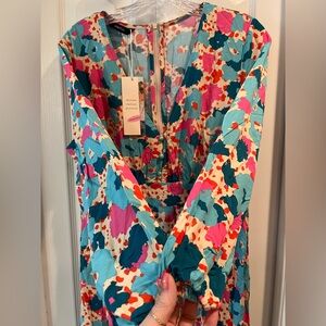 Boho V Neck Floral Summer Dress with 3 Cute Round Teal Buttons